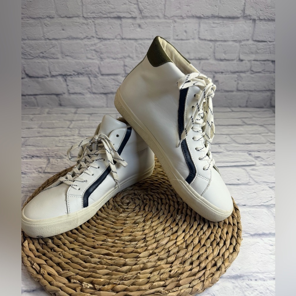 Madewell White Leather High Top Sneakers w/ Olive Green. Size 10. Chic Preppy.